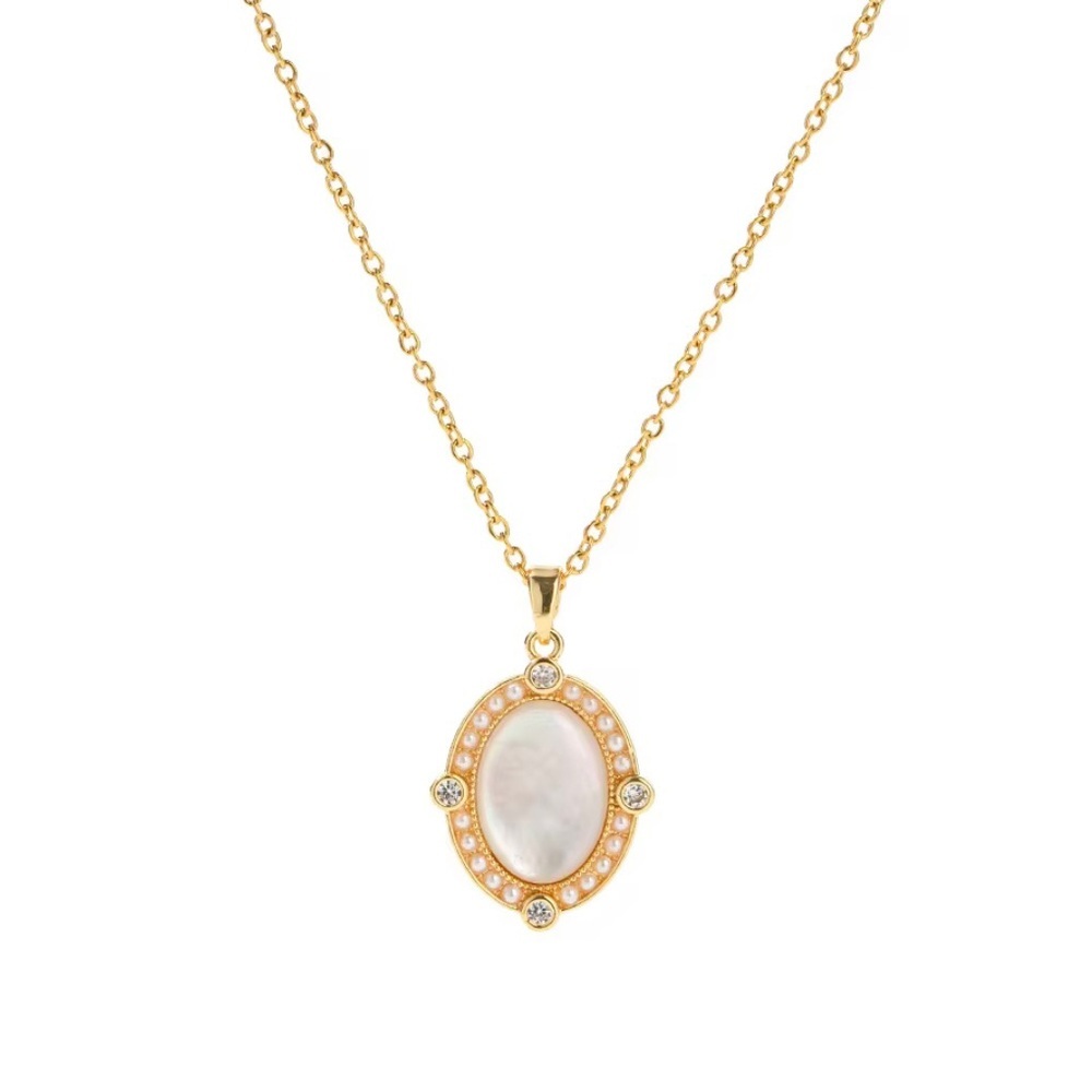 18K PVD Gold Plated Stainless Steel Oval White Shell Necklace